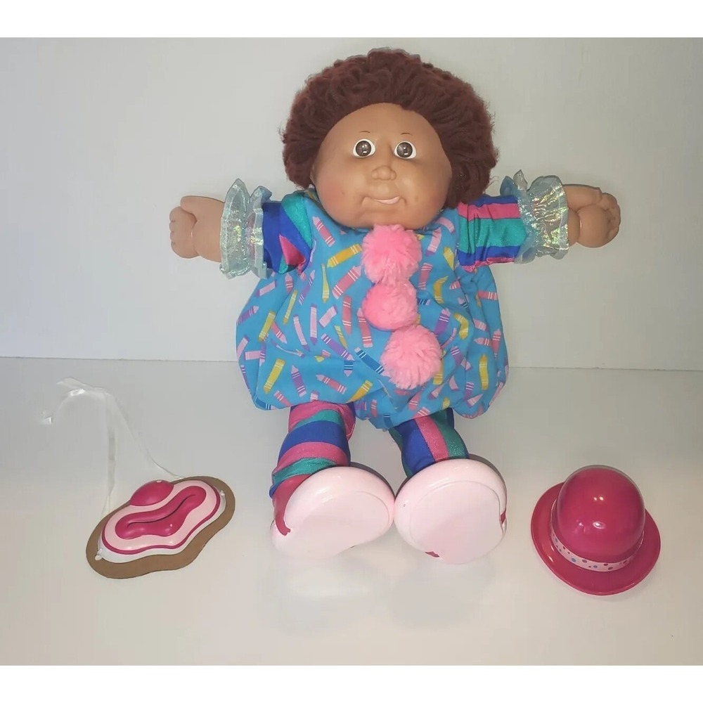1986 Cabbage Patch Kids Doll Brown Curls Brown‎ Eyes Clown Outfit Hat Tongue Out